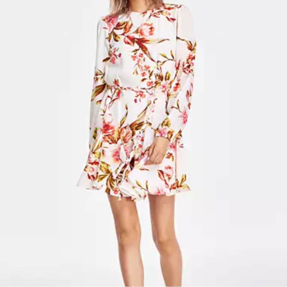 Floral-Print Braided-Belt Long-Sleeve Dress